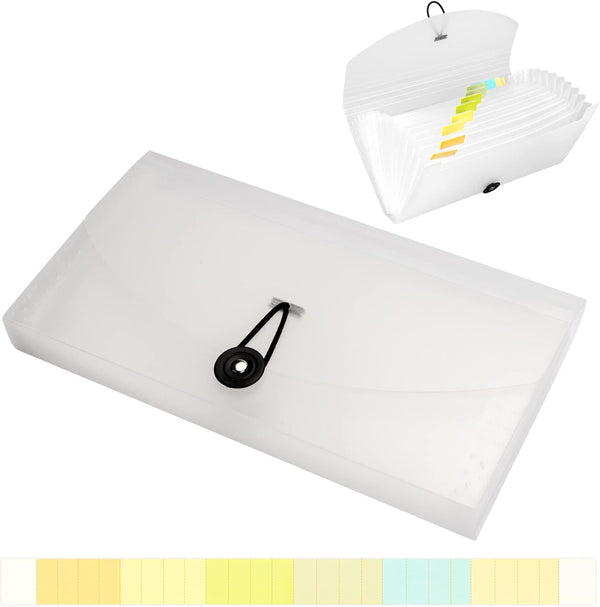 Oak-Pine 13 Pocket Accordion File Organizer, Plastic Check Bill Expanding Document Folder (White Translucent)