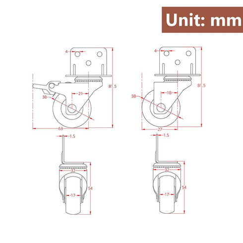 4PCS Furniture Casters Crib Rubber Wheel L Type 1.5 inch 360 Degree Swivel Mute Caster,Total Load Capacity 80Lbs with Mounting Screws, Lshaped casters