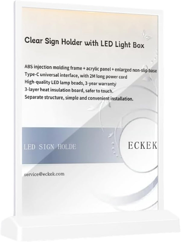 LED Sign Holder Clear Sign Holder with LED Light Box, Table Menu