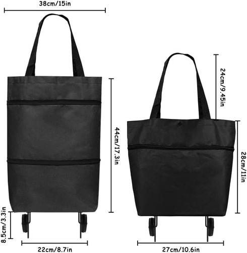 YASYU 2 1 Foldable Shopping Trolley with Wheels - in Reusable Grocery Tote Bag - Collapsible Shopping Cart - Travel Bag