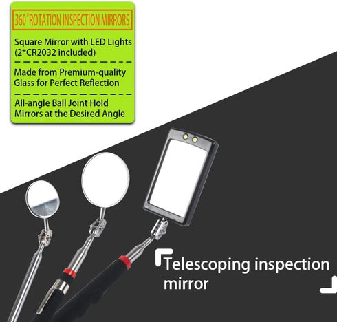 Set, 3Pcs 4Pcs Telescoping Magnetic Pickup Tool Round and Square Inspection Mirror Telescoping with LED Lights, Magnet