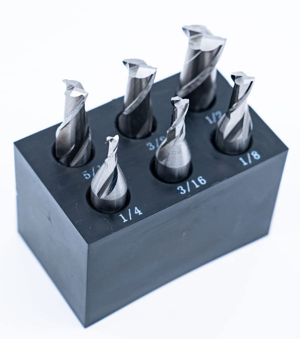 Single End 2 Flute End Mill Set - 6PCS with 3/8" Shank, Plastic Stand