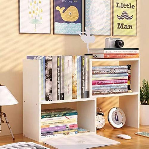 Small Wood Adjustable Desktop Bookshelf, Expandable Storage Organizer for Office Supplies, White