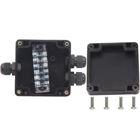 Watertight Junction Box, IP67 Waterproof Electrical Project Box with 4P 15A Barrier Terminals, 1 in/2 Out Cable Glands