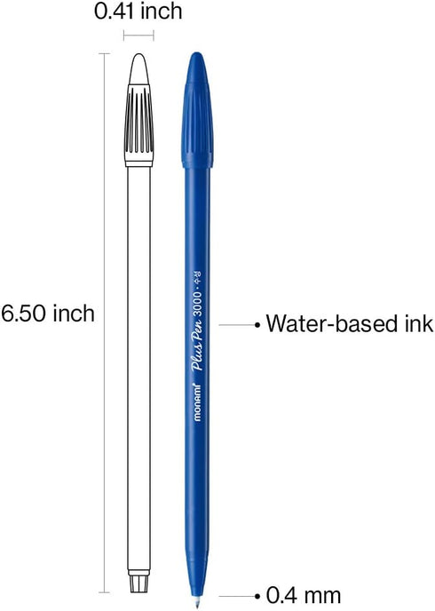 MONAMI Plus 3000 Felt Tip Pens, Fine Point (0.4mm), Blue, 12-Count for Writing/Journaling/Note Taking