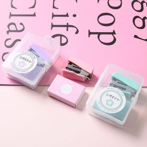 Pink Mini Stapler with Staples, Portable Binding Machine, Morandi Color Metal Stapler Set for Office