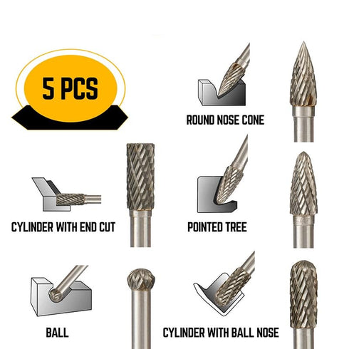 5pcs 1/4" Shank Diamond Burr Bits Set for Rotary Tool, 6x8mm Tungsten Carbide Files for Woodworking/Carving