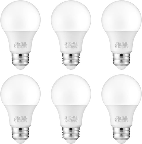 12V LED Bulb 6W (50W Equivalent), Daylight 5000K, 12V-24V AC/DC, 600 Lumens, Non-Dimmable, A19 E26 Base, Pack of 6