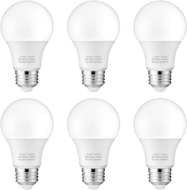 12V LED Bulb 6W (50W Equivalent), Daylight 5000K, 12V-24V AC/DC, 600 Lumens, Non-Dimmable, A19 E26 Base, Pack of 6