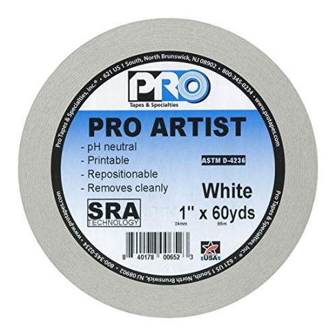 ProTapes Artist Tape Flatback Printable Paper Board or Console Tape, 60 yds Length x 1" Width, White