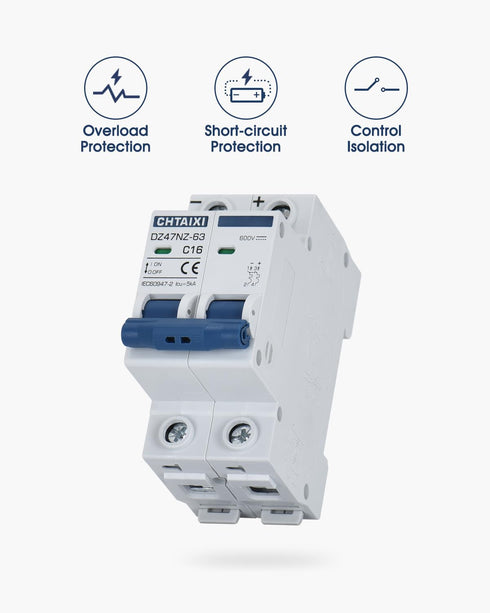 DC Miniature Circuit Breaker, 2 Pole 600V 20 Amp Isolator for Solar PV System, DIN Rail Mount