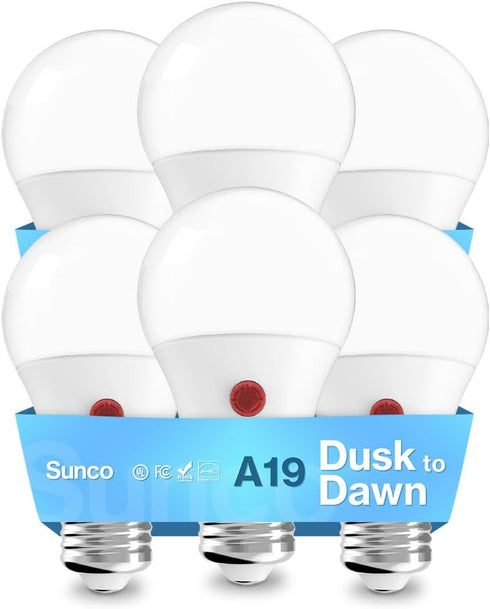 Sunco Lighting 6 Pack A19 LED Dusk to Dawn Bulb, 9W Equivalent to 60W, 5000K Daylight, Auto On/Off