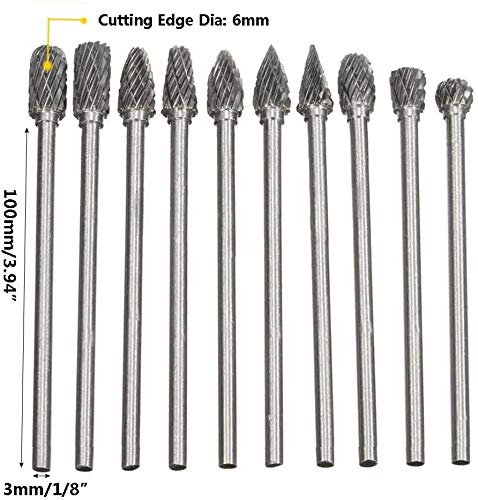 10pcs 3 mm (1/8 Inch) Tungsten Carbide Double Cut Rotary Burr Die Grinder Bits - Long Shank 100mm Fits Rotary Tool