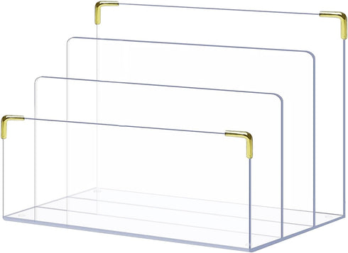 pbf Acrylic File Holder, Clear Desk Organizer with Gold Accents for Mail, Folders, and Magazines