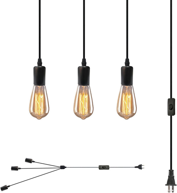 3 Light Plug in Pendant Light, 10ft Black Hanging Lights Cord with