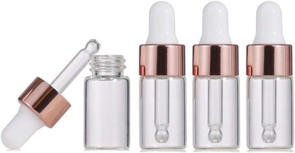 30 Pcs Clear Glass Dropper Bottles, 3ml Essential Oil Sample Bottles with Rose Gold Lids
