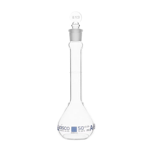 EISCO Volumetric Flask, 50ml - Class A, ASTM - Tolerance ±0.050 ml - Glass Stopper - Single, Blue Graduation
