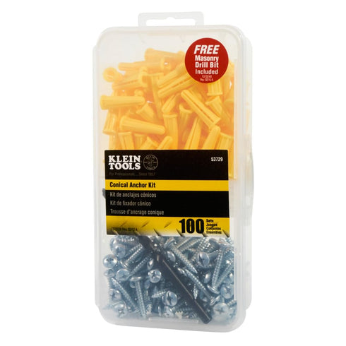 Klein Tools 53729 Conical Anchor Kit with 100 Anchors, 100 #2 Phillips, 1/4 Inch Masonry Drill Bit