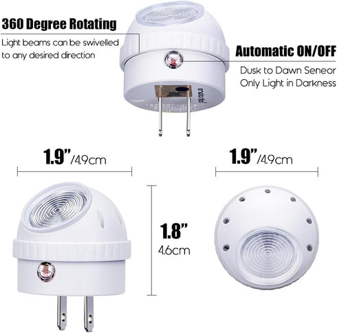 360 6 Pack Emotionlite Plug-in Night Lights, Warm White LED Nightlight, Rotation, Dusk to Dawn Sensor, Kids, Adult