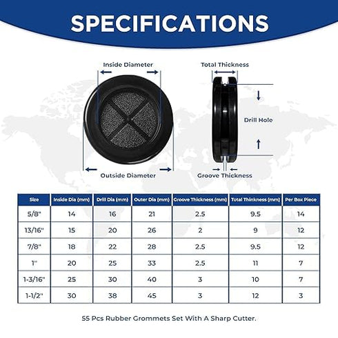 AAM ESSENTIALS 55Pcs Grommets 6 5/8",13/16",7/8",1",1-3/16",1-1/2"- Grommet Double-Sided Rubber kit in Assorted Sizes