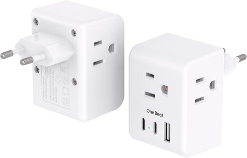 2 Pack European Travel Plug Adapter, One Beat International Power Adapter with 3 Outlets, 1 USBA, 2 USB C for Europe
