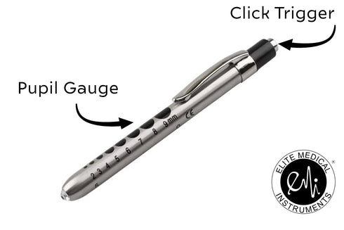 2 Pack EPL-935-2 EMI - Stainless Steel Diagnostic Pen Lights with Pupil Gauge and Click Trigger - Silver Medical