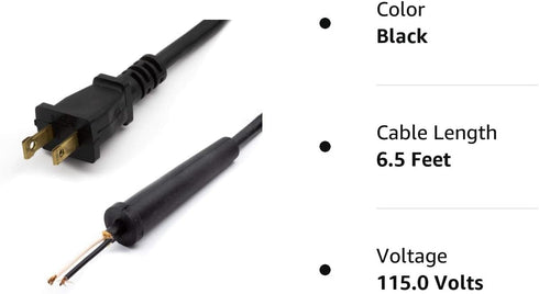 Power Tool Replacement Cord SJT, 18 GA AWG, 2 Wire, 6.5 ft, 2 Prong, Stripped Ends, Rubber Strain Relief Boot