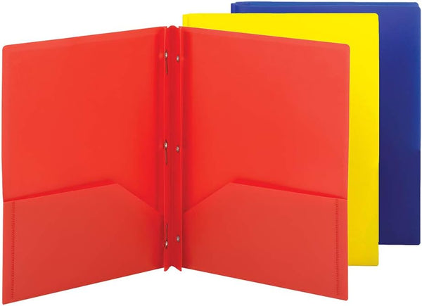 Smead Poly Two-Pocket Folder, Letter Size, Assorted Colors, 3 per Pack, Three-Hole Punch Prong Fasteners