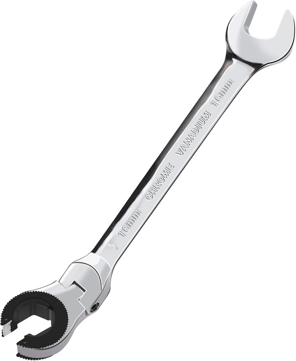 1PC 16mm Open Flex-Head Ratcheting Wrench, Metric Ratcheting Spanner with 75 Teeth, Chrome Vanadium Steel