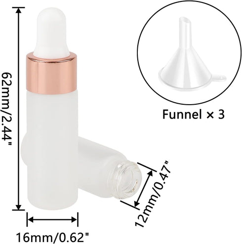 Kesell 50 Pack Dropper Bottles, 5ml Frosted Glass Sample Bottles for Essential Oils, with 3 Funnels, Rose Gold Cap