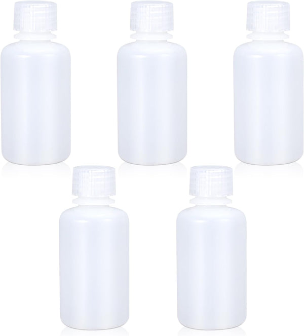 60ml/5 Pcs HDPE Narrow Mouth Round Container, Leak Proof Plastic Lab Chemical Reagent Bottles