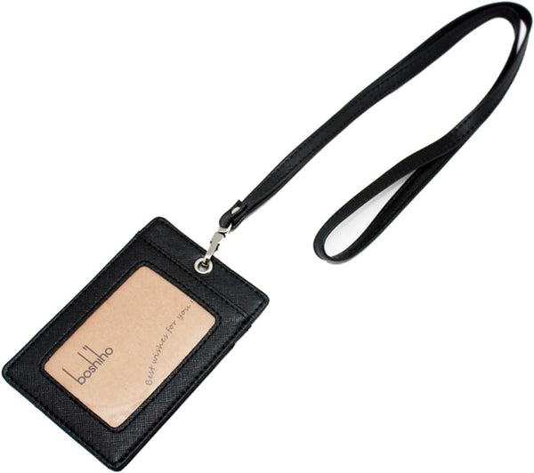 Boshiho Vertical Style Leather ID Card Badge Holder with Heavy Duty Lanyard (Black 2)
