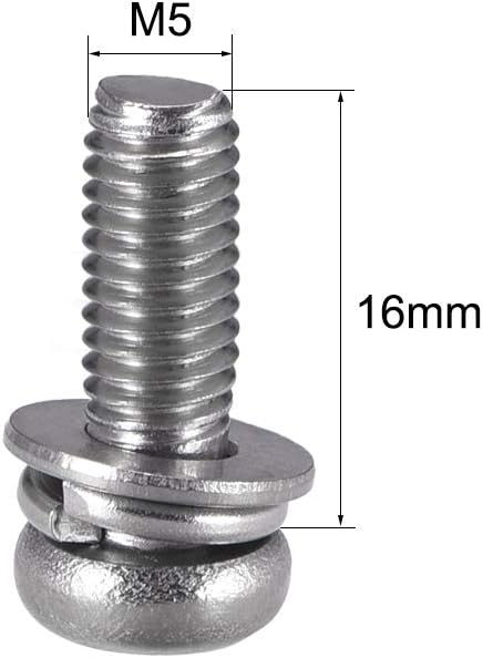 M5 x 16mm Stainless Steel Phillips Pan Head Machine Screws Bolts, uxcell, 5pcs with Spring Washer and Plain Washers