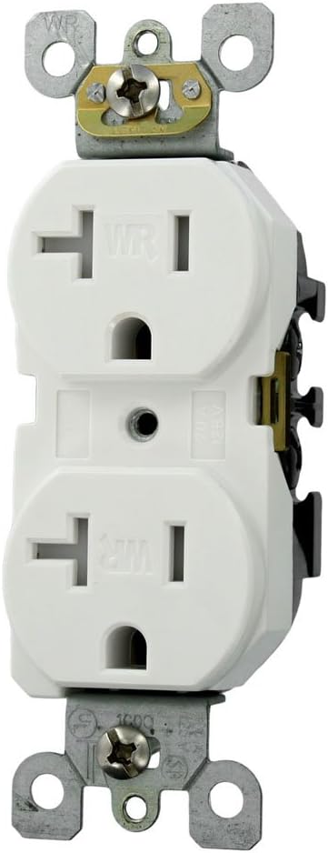 Leviton W5820-T0W Duplex Receptacle, Straight Blade, Residential Grade, Self Grounding, 20A Weather Resistant, White