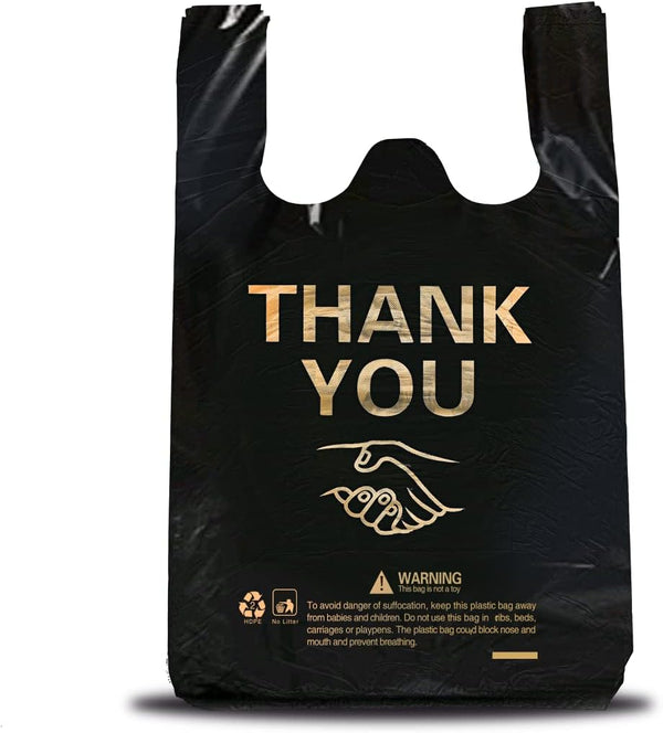 50 pcs Thank You Plastic Grocery Bags, Reusable T Shirt Bags for Store Shopping, Black