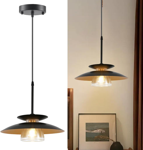 OFPSABAL Farmhouse Pendant Light, Black Matte Finish, Clear Glass Shade, Industrial Hanging Ceiling