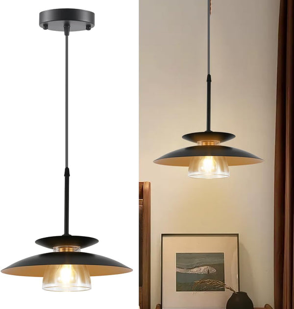OFPSABAL Farmhouse Pendant Light, Black Matte Finish, Clear Glass Shade, Industrial Hanging Ceiling