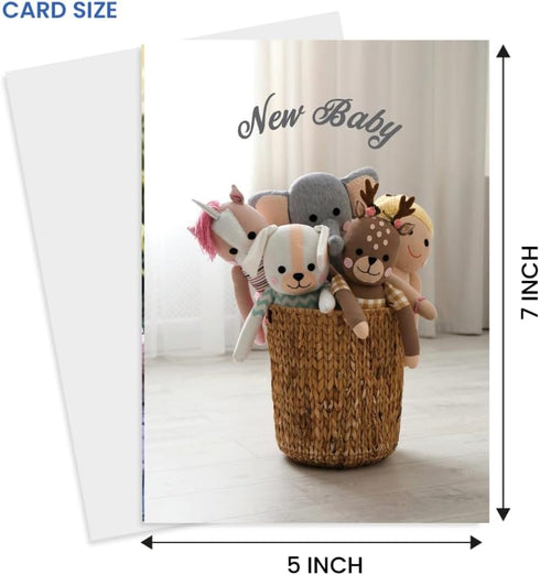 5x7 Cute New Baby Greeting Card - featuring woven basket with adorable stuffed animals Heartwarming Sentiment inside