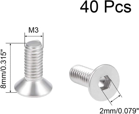 uxcell M3x8mm Flat Head Machine Screws, 304 Stainless Steel Fasteners Bolts, 40Pcs