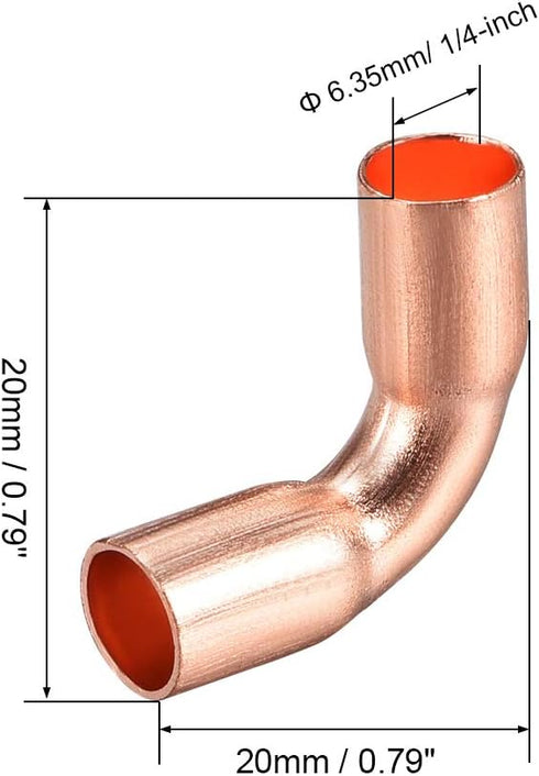 uxcell 2pcs 6.35mm ID 90 Degree Copper Elbow Short-Turn Copper Pipe Fitting Connector for Plumbing
