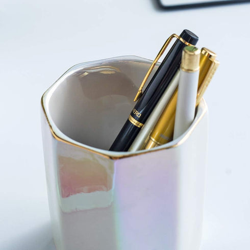 Ceramic Desk Pen Holder Stand, Cute Pencil Cup Pot, Desk Organizer Makeup Brush Holder, Toothbrush Holders (Pearl)