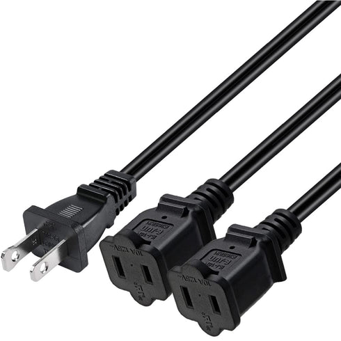 Nema 1-15P to Dual 1-15R Splitter Cable, US AC 2-Prong Male and Female Power Cable, 2Ft
