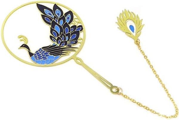 yueton Peacock Metal Bookmarks, 24K Gold Plated Brass Page Marker with Metal Pendant