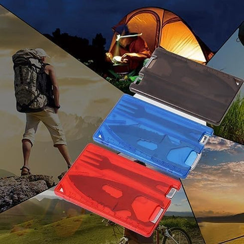 Red Outdoor Survival Multi Tool Card, Barbecue Knife, Camping Tool with LED Light, Magnifier, EDC Gear