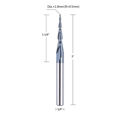 SpeTool Tapered Ball Nose Spiral Router Bit, 1.0mm Tip Diameter (0.5mm Radius) 4.82 Deg for CNC Milling Engraver