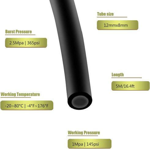 Joywayus 12mm x 8mm Pneumatic Tubing, Air Compressor PU Pipe, 16.4ft Black Hose for Fluid Gas Transfer
