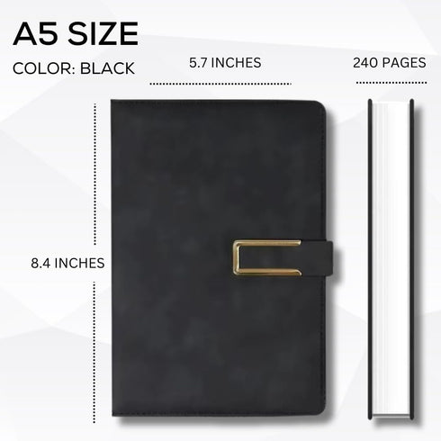 Leather Journal A5 with Pen Compartment, Leather Bound for Women Men, Daily Travel Diary Writing Journal (Black with