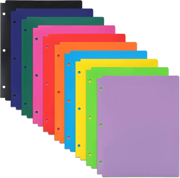 EOOUT 10pcs Colorful File Folders, Plastic with Pocket and 2 Business Card Slots, 3 Hole Punch for Binder