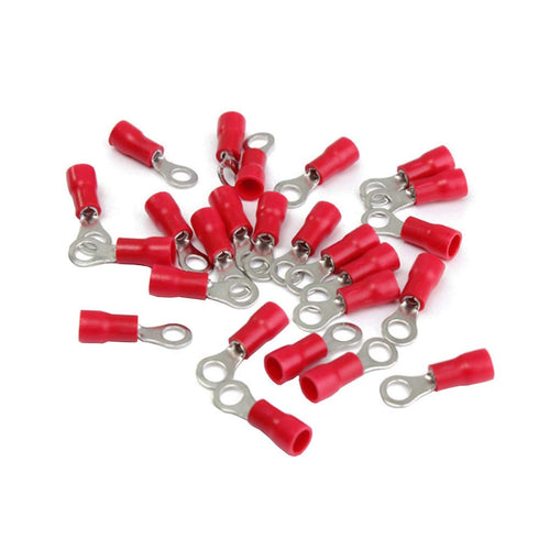 ESUPPORT 100Pcs Red 1/4" Copper Ring Insulated Terminal Connectors, 16-22 Ga Crimp Wire Electrical Cable Kit
