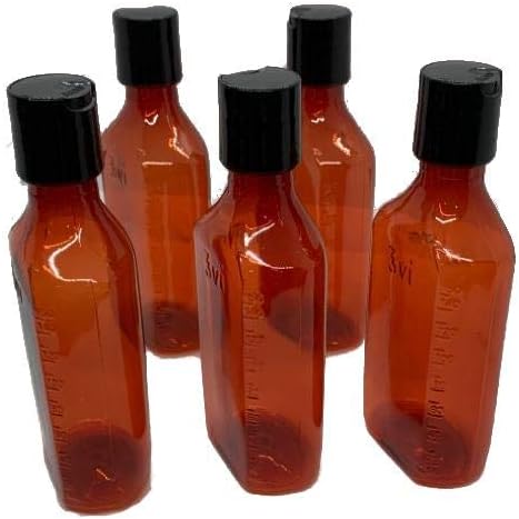 Oval Pharmacy Plastic Bottles - 6 oz Squeezable Amber Liquid Medicine Bottle, Pack of 5